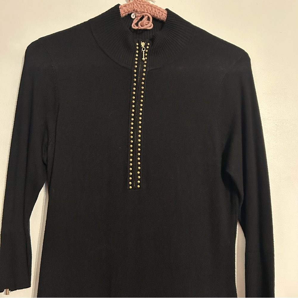 Calvin Klein Black Sweater Dress  Gold Accents Zippers Size Small 3/4 Sleeves